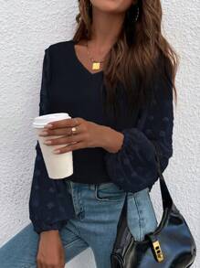 SHEIN LUNE V領提花燈籠袖襯衫 - 藏蓝色 - 查看 5