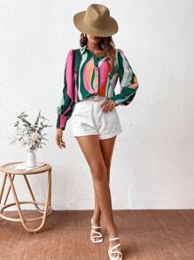 SHEIN Frenchy Mùa hè Sọc Tay áo dài Áo sơ mi - Đỏ và trắng - Xem 6