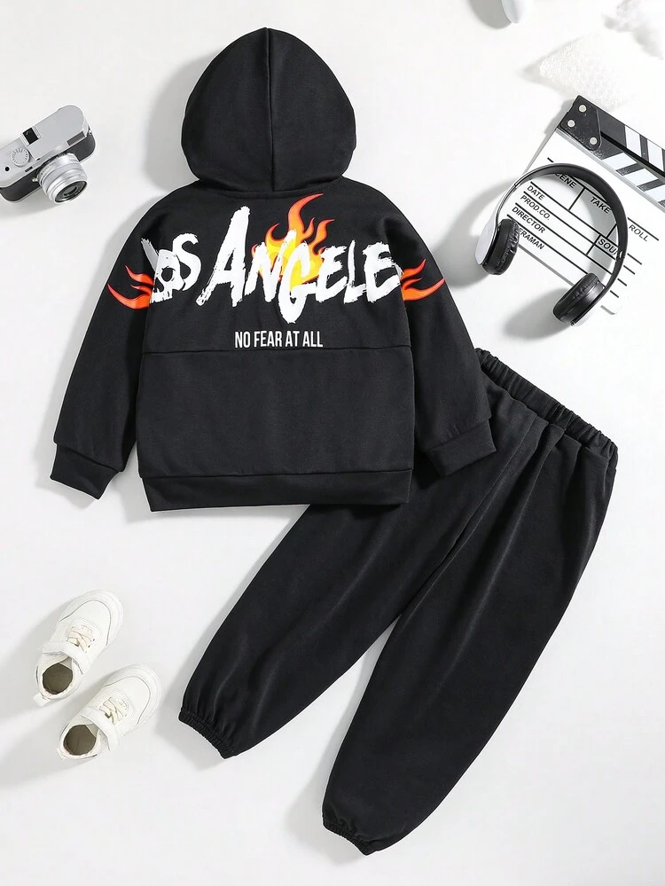 Toddler Boys Casual Comfortable Flame Skull English Print Hoodie & Sweatpants Set, Fleece Thickened