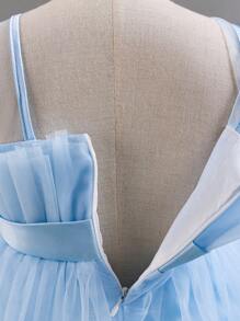 SHEIN Glamorique Kids 女童無袖多層網紗高低不規則裙蓬公主裙，適用於生日派對或婚禮花童 - 淺藍色 - 查看 4