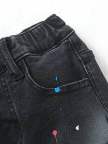 SHEIN Explorewe Young Boy Cool Street Style Star Print Đầy màu sắc Splatter Đen Washed Đàn hồi eo Quần jean co giãn - màu đen - Xem 3
