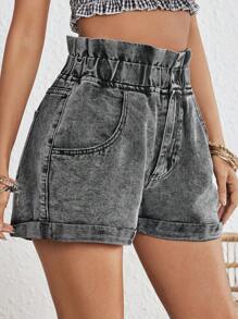 Breezaya Của phụ nữ Eo cao Giấy Cái túi Quần short Denim Với Nghiêng Túi - màu đen - Xem 4