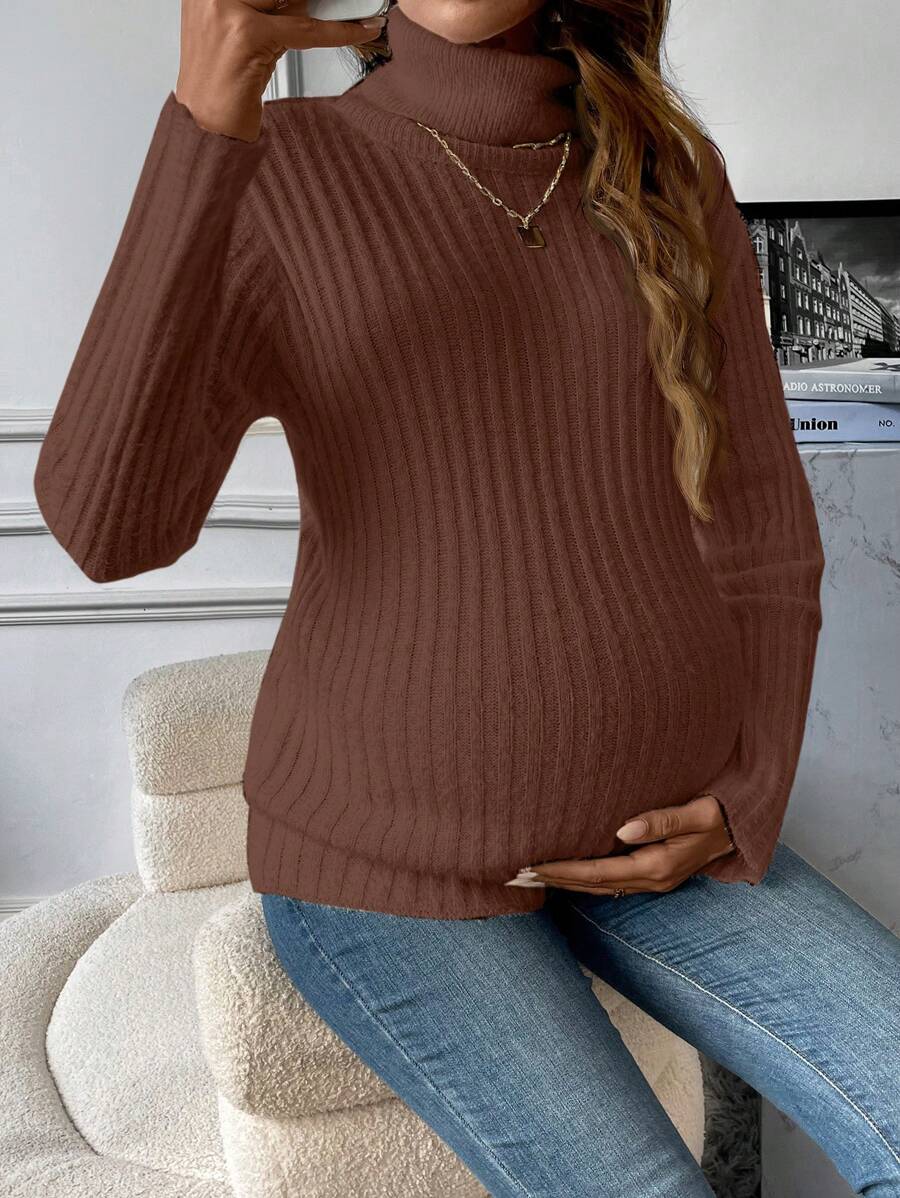 SHEIN Maternity High Neck Slim Fit Sweater With Long Sleeve, For Winter - Brown - View 1