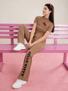 HELLO KITTY AND FRIENDS | SHEIN Cat Print Top & Letter Print Flare Pants Two Piece Set - Coffee Brown - View 1