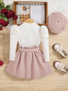 SHEIN Conjunto De Top Con Mangas Abombadas Y Cuello Alto Con Estampado De Corazones Y Falda unicolor Para Niña - Rosa - Ver 2