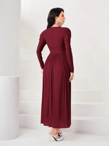 Modelyn 勃艮第红女士 V 领褶皱长袖连衣裙 - 酒紅色 - 查看 2