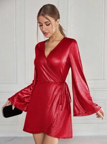 SHEIN Privé Váy tay loe cổ chữ V trơn dành cho nữ - Đỏ - Xem 5