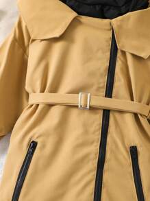 SHEIN New Style Girls' Fashionable Sweet Color Block Zipper Closure Dress - Khaki - View 3
