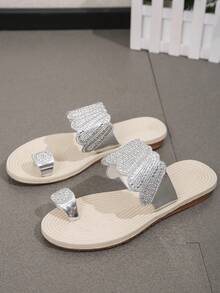 Women's 2024 Summer New Korean Flat Heel Slide Sandals With Rhinestone & Open Toe - Silver - View 3