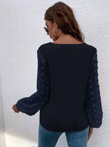 SHEIN LUNE V領提花燈籠袖襯衫 - 藏蓝色 - 查看 2