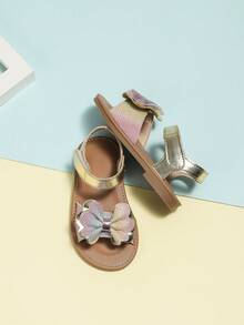 女童夏季時尚蝴蝶結涼鞋,適用於寶寶、學步、小童公主海灘/行走鞋 - 金色 - 查看 3