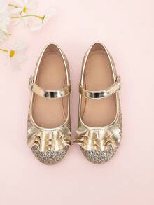 女孩閃亮荷葉裝飾平底鞋 - 金色 - 查看 2