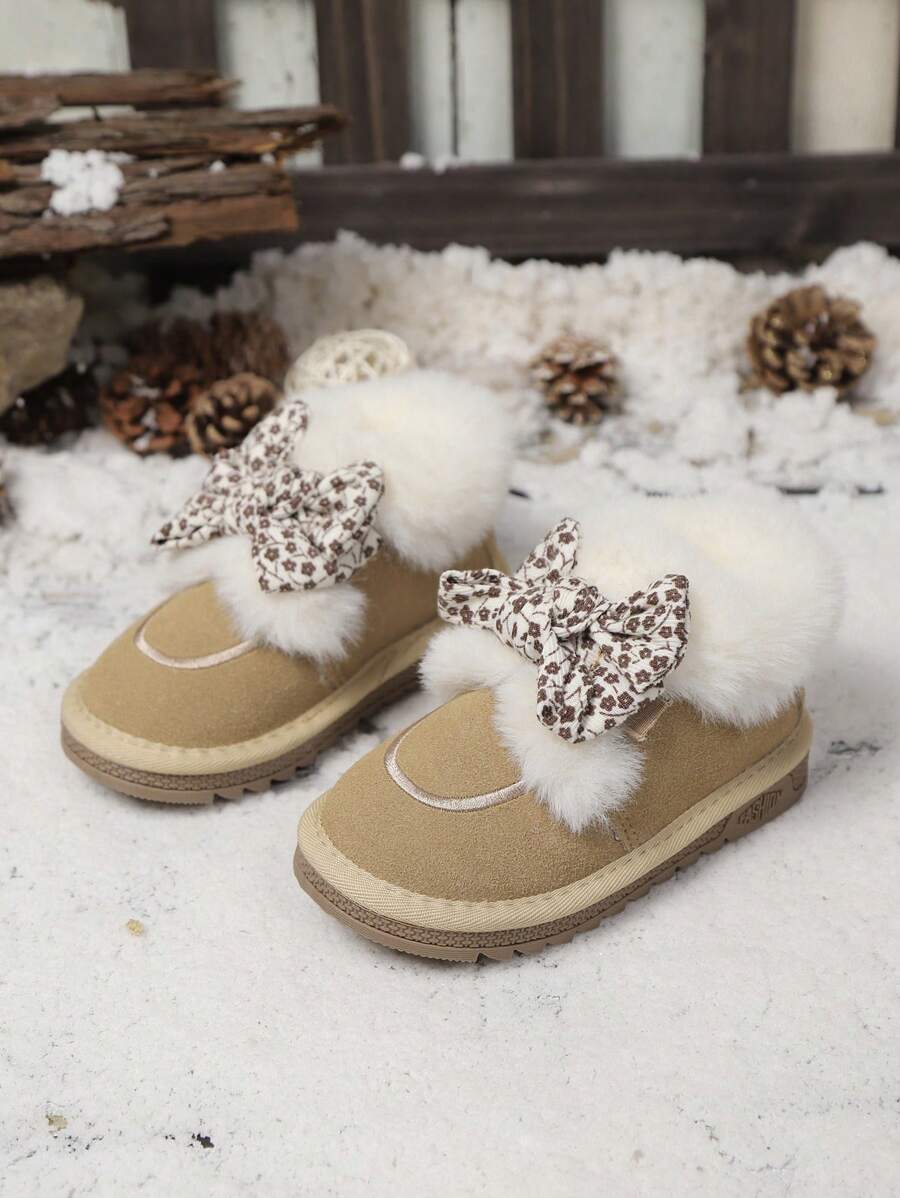 1雙甜美可愛女童冬季雪靴,裝飾有蝴蝶結,保暖又容易穿脫 - 卡其色 - 查看 1