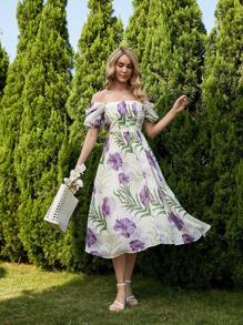 GENKIRA Của phụ nữ In hoa Off Shoulder Ngắn tay Đầm - Nhiều màu - Xem 3
