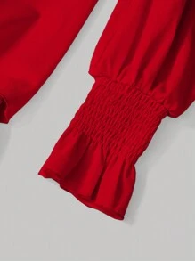 SHEIN MOD 女用蝴蝶結裝飾燈籠袖襯衫連身裙 - 紅色 - 查看 4