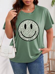 INAWLY 大尺碼女豹紋笑臉圖案圓領 T 卹 - 墨綠色 - 查看 5
