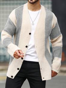 男士色塊長袖開襟羊毛衫 - 彩色 - 查看 3