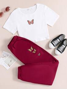 Scoop Neck Butterfly Print Tee & Sweatpant Set - Multicolor - View 1