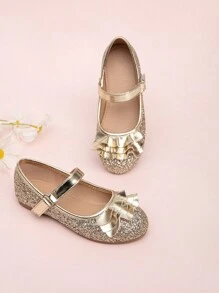 女孩閃亮荷葉裝飾平底鞋 - 金色 - 查看 1