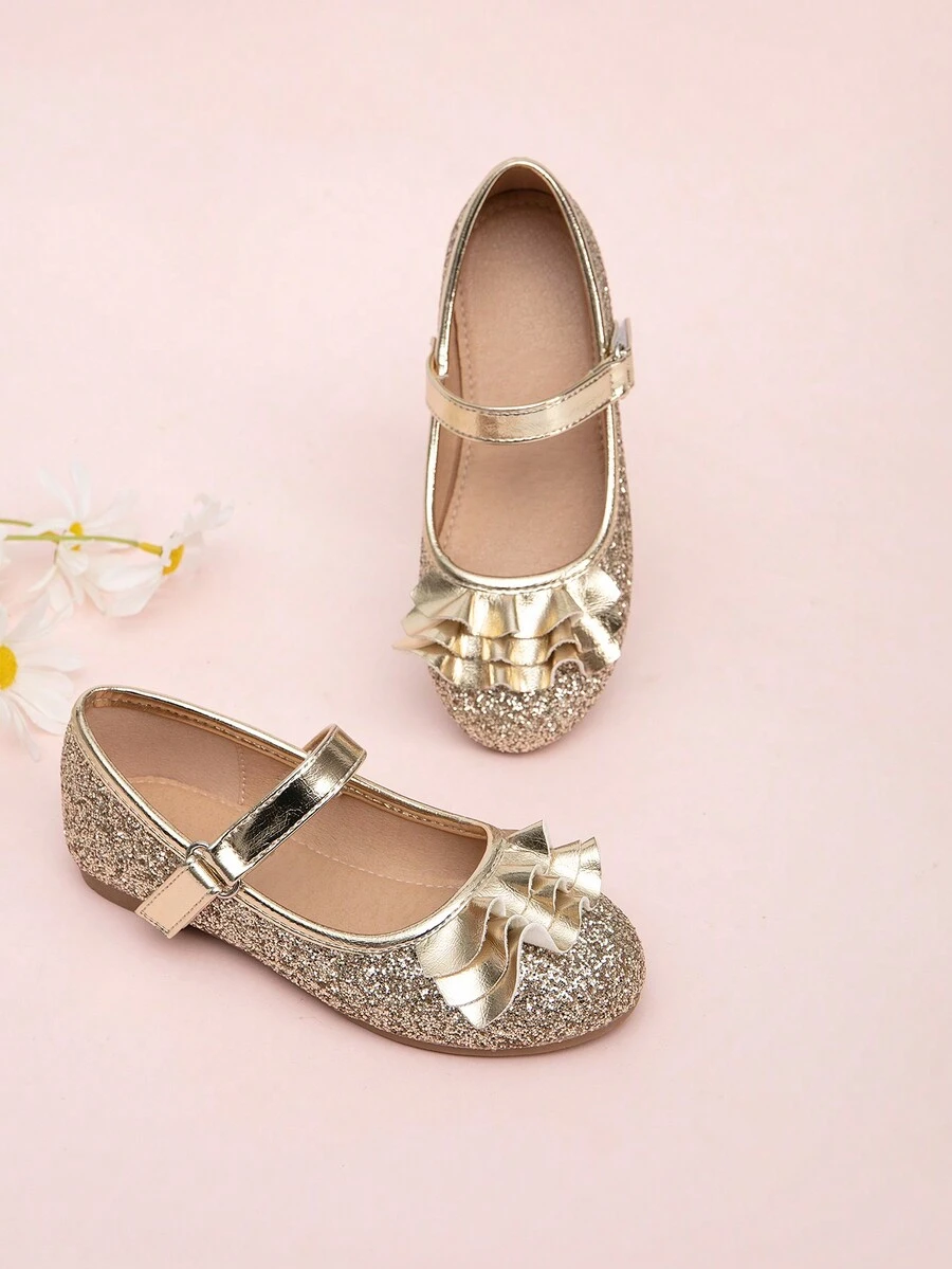 女孩閃亮荷葉裝飾平底鞋 - 金色 - 查看 1