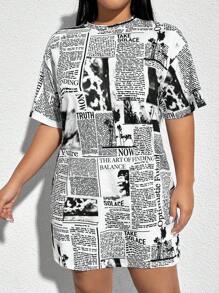SHEIN EZwear 大码女式报纸印花宽松休闲圆领连衣裙，夏季 - 黑與白 - 查看 3