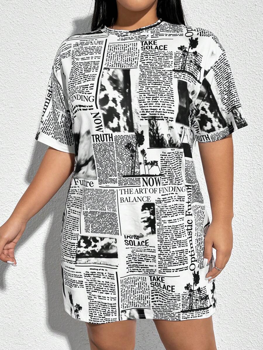 SHEIN CURVE+ 女士大尺碼報紙印花寬鬆休閒圓領連衣裙 - 黑與白 - 查看 1