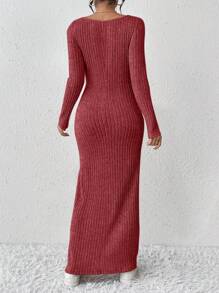 SHEIN Frenchy 女士 V 领罗纹长袖紧身连衣裙 - 紅色 - 查看 2