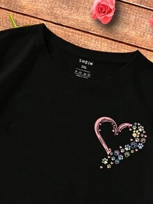 SHEIN LUNE 女士加大碼心形印花圓領短袖t恤 - 黑色 - 查看 3