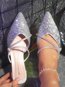 時尚女士尖頭鑽飾純色懶人鞋 - 銀色 - 查看 3