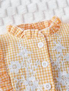 SHEIN Em bé Cô gái Giải trí Thanh lịch Vintage Thêu hoa Vàng & Trắng Kẻ sọc Đứng cổ áo Đầm Cho mùa xuân Và Mùa hè , Thích hợp - trái cam - Xem 6