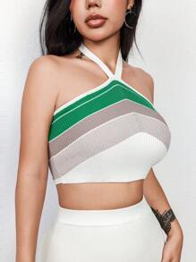Flirla Conjunto De Suéter De Punto De Dos Piezas Para Mujer Con Bloques De Color Y Rayas - Blanco - Ver 5