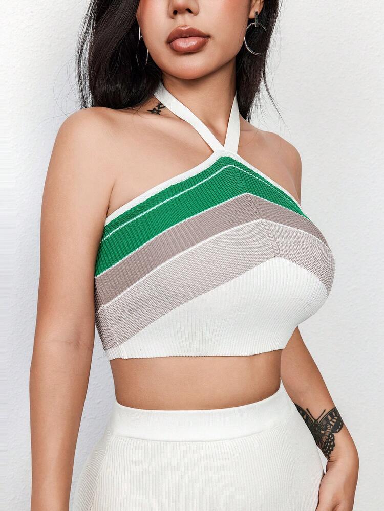 Women's Two-Piece Color Block Stripe Knitted Sweater Set