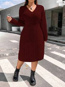 Flirla 大尺碼女士扭結針織毛衣連衣裙 - 酒紅色 - 查看 3