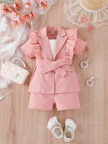 Đứa bé gái Angle Vòng cổ Ngắn tay Áo khoác Với Ruffled , Quần short Và Áo ba lỗ Áo Bộ - Hồng - Xem 3