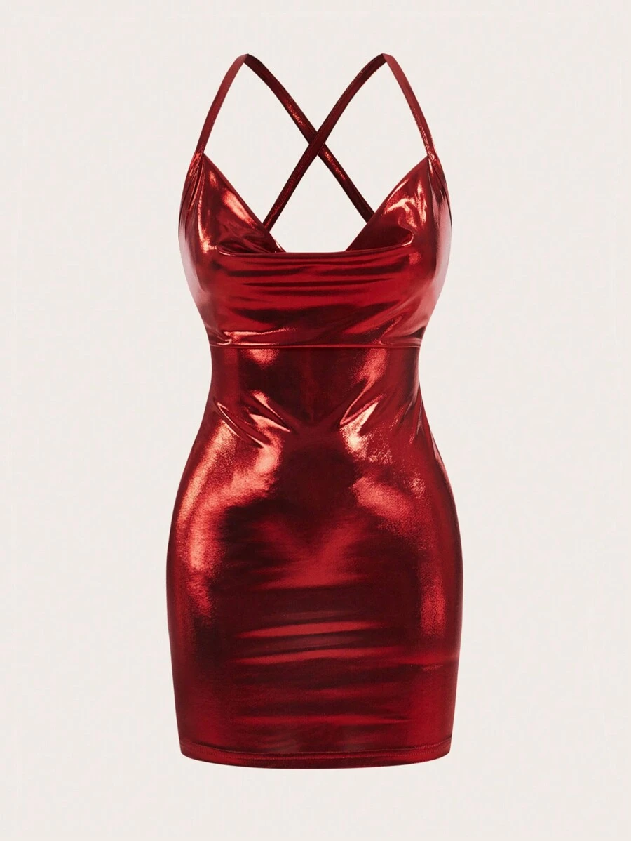 SHEIN ICON Sleeveless Cowl Collar Bodycon Mini Dress With Thick Straps And Tight Fitting - Red - View 1