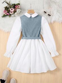 青少女對比色兩件式裙子,大傘袖 - 淺藍色 - 查看 2