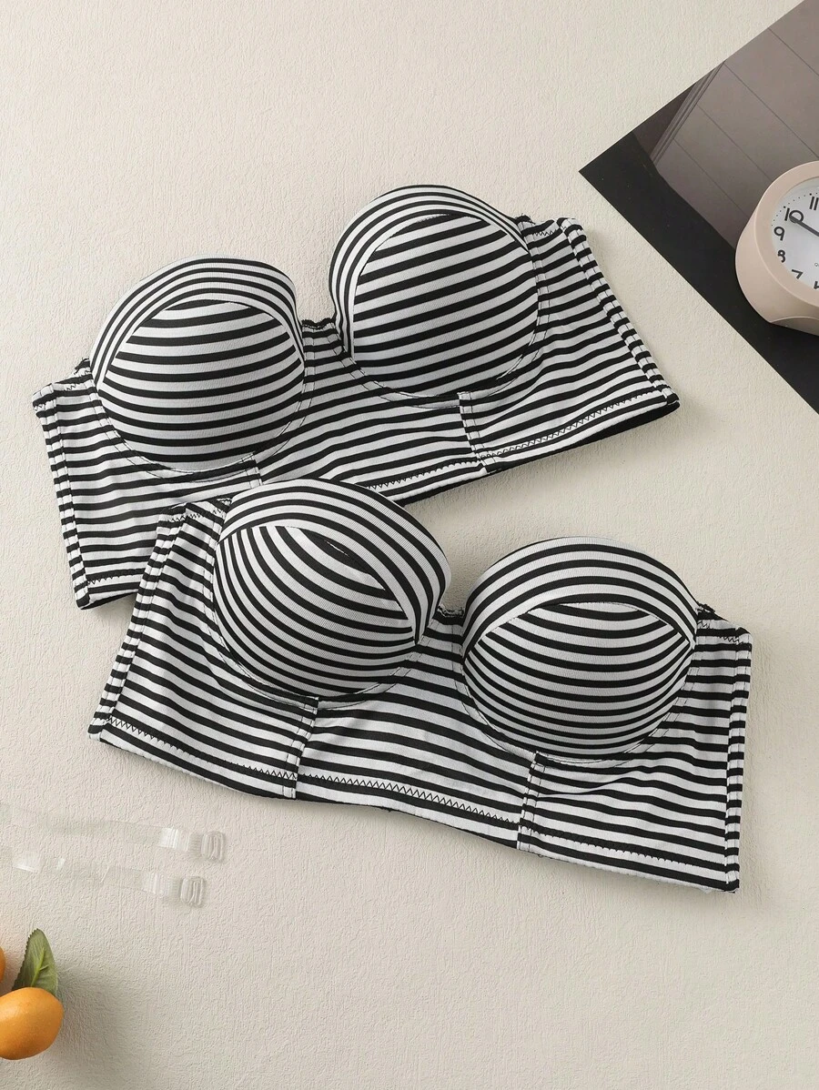 Women's Striped Bandeau Bra With Underwire ,2 Pcs - Black and White - View 1
