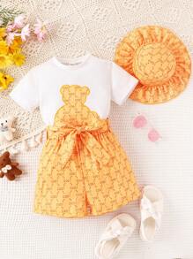 SHEIN Young Girl Cartoon Bear Print Short Sleeve T-Shirt And Shorts Set