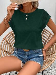 SHEIN Frenchy Màu thuần Ngắn tay Áo thun Với Ren Nối - Màu xanh lá cây đậm - Xem 6