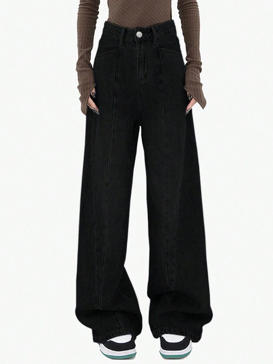 Retro Màu thuần Thẳng Denim Quần - màu đen - Xem 1