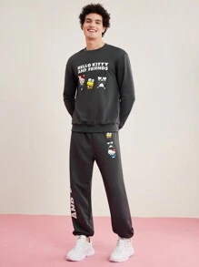 HELLO KITTY AND FRIENDS | SHEIN Men Letter Print Sweatshirt And Sweatpants Set - Grey - View 4