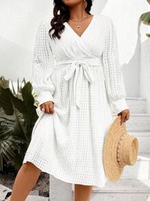 Celure Plus Size Wrap Belted Waist Dress - White - View 1