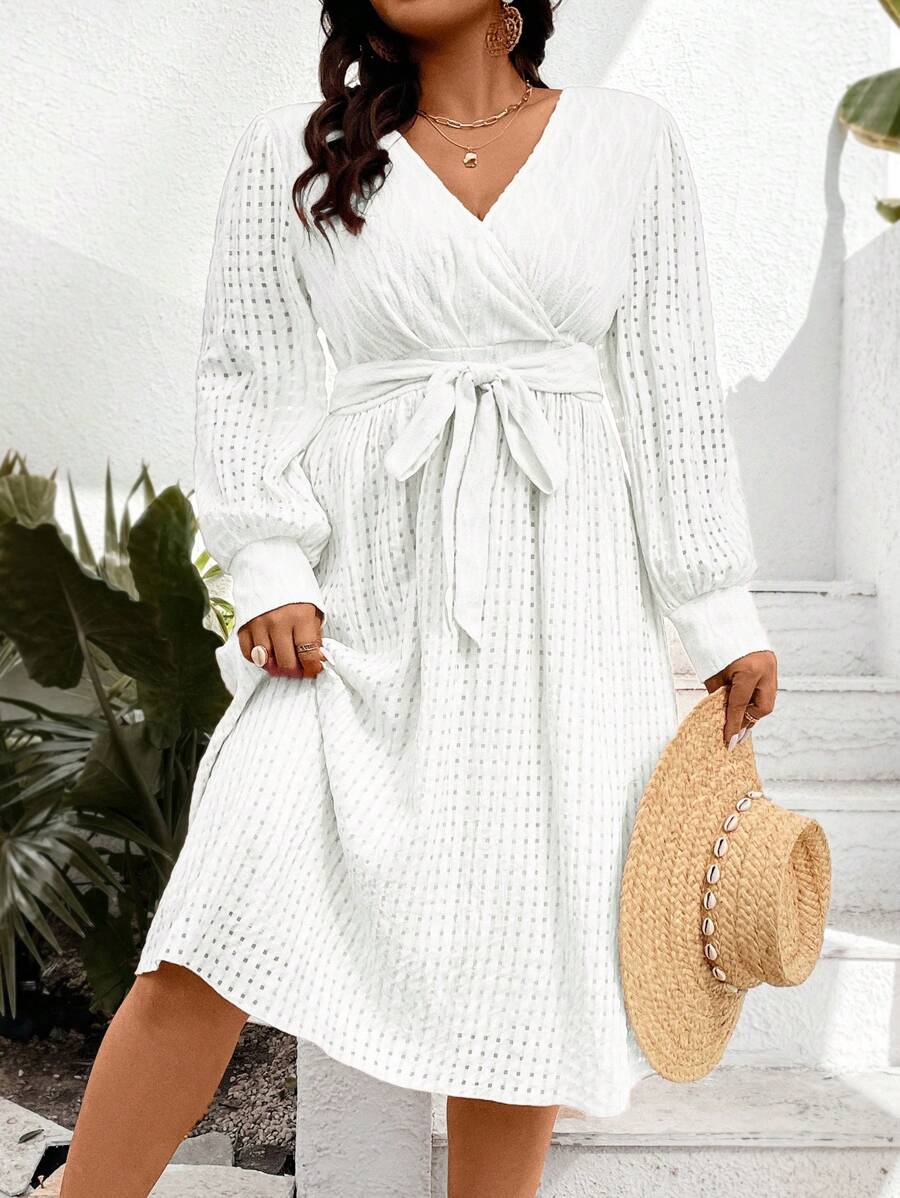 Celure Plus Size Wrap Belted Waist Dress - White - View 1