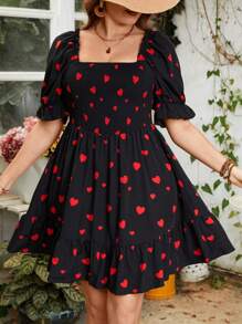 SHEIN Clasi Plus Size Heart Print Square Neckline Dress - Black - View 1