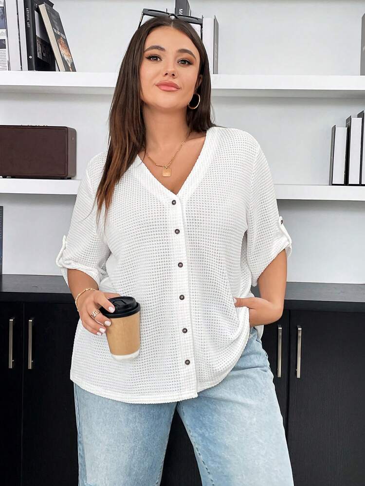 Plus Size Women's Fashion Casual Spring And Summer Women's Clothing Texture Fabric V-Neck Button Decoration Texture Fabric Shirt T-Shirt