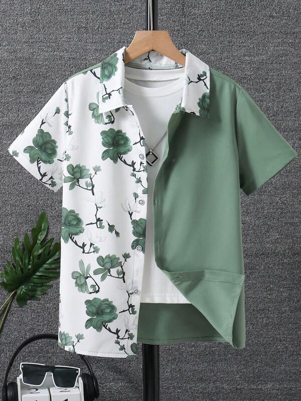 SHEIN 1 Piece Of Boys' Business Commuting Daily Vacation Floral Pattern Short-Sleeved Shirt Suitable For Leisure School Outings Easy To Match Clothes Suitable For Summer,Back To School