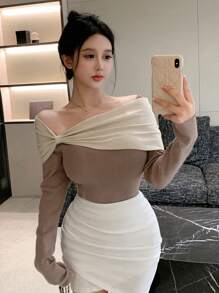 DAZY Women's Colorblock Slim Fit Off Shoulder Sweater,Fall Clothes Cute Tops - Camel - View 3