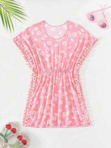 Tween Girls Daisy Embroidery Fuzzy Ball Decorated Cover Up Dress - Pink - View 1