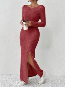 SHEIN Frenchy 女士 V 领罗纹长袖紧身连衣裙 - 紅色 - 查看 4