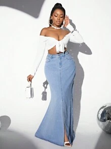 SHEIN SXY Ladies' Super Long Denim Skirt With Front Slit